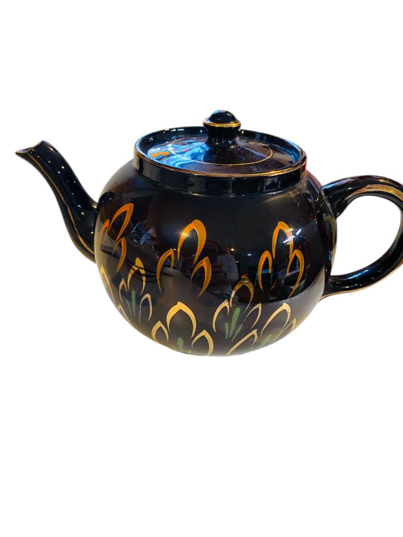 Vintage Ceramic Teapot Made in England Deep Brown Orange Gold