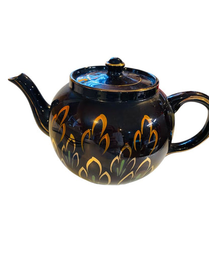 Vintage Ceramic Teapot Made in England Deep Brown Orange Gold