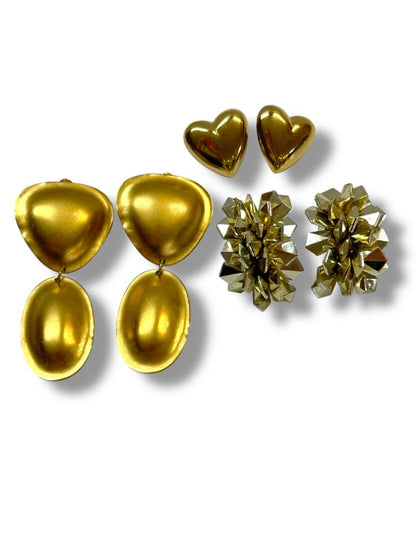 Lot of 3 Vintage Goldtone Post Pierced Earrings Statement Heart Disco
