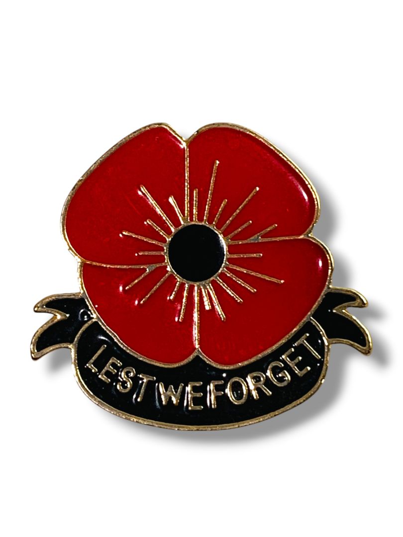 Lest We Forget Red Poppy Black Enameled Pin Brooch 2"