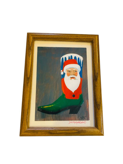 Signed Joe Netherwood Print Framed Cowboy Boot Santa Christmas 8" x 6"