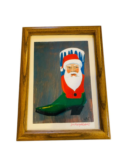 Signed Joe Netherwood Print Framed Cowboy Boot Santa Christmas 8" x 6"