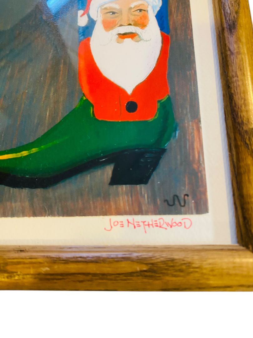 Signed Joe Netherwood Print Framed Cowboy Boot Santa Christmas 8" x 6"