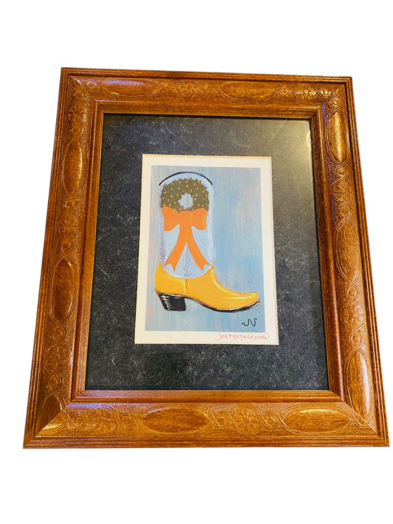 Signed Joe Netherwood Print Framed Cowboy Boot Holiday Christmas 12.75" x 10.5"