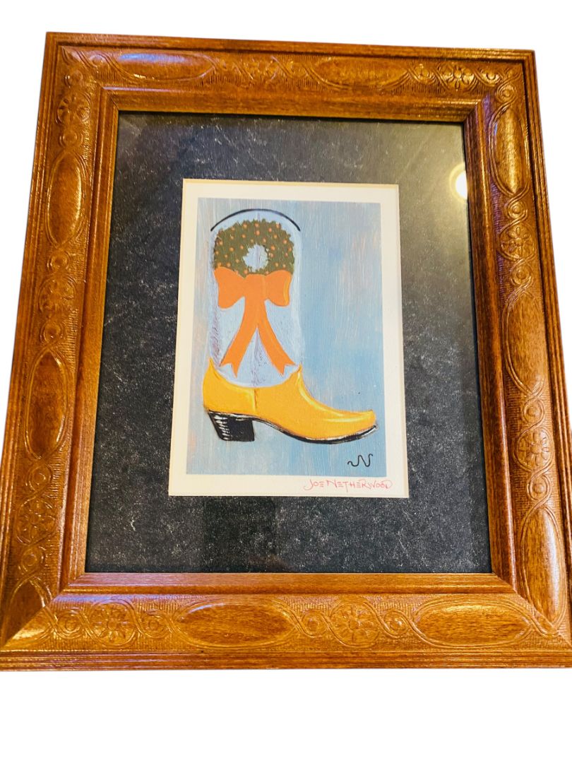 Signed Joe Netherwood Print Framed Cowboy Boot Holiday Christmas 12.75" x 10.5"