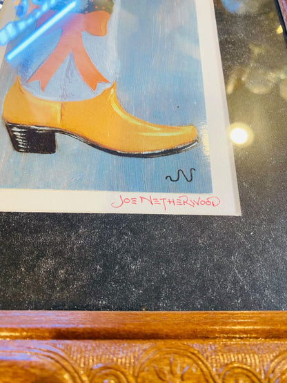 Signed Joe Netherwood Print Framed Cowboy Boot Holiday Christmas 12.75" x 10.5"