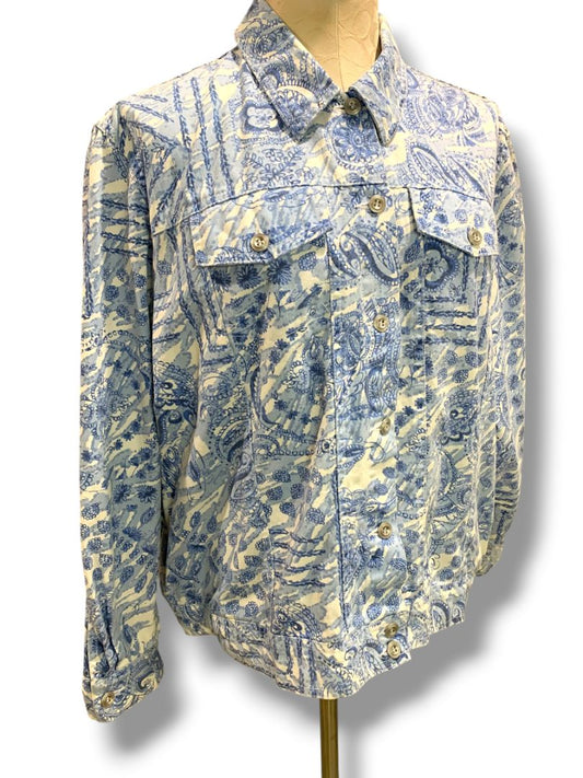 Size 16P Alfred Dunner Petites Womens Blue White Jean Jacket Paisley