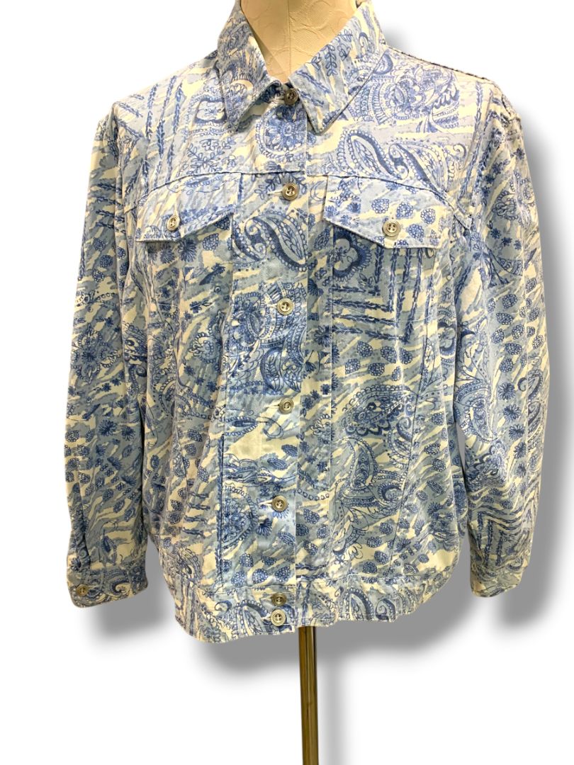 Size 16P Alfred Dunner Petites Womens Blue White Jean Jacket Paisley