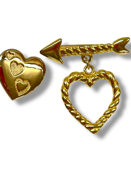 Lot of 2 Goldtone Heart Brooch Pins Variety Club 1" Rope Design 2"