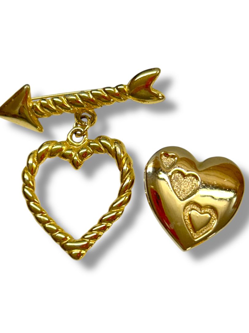 Lot of 2 Goldtone Heart Brooch Pins Variety Club 1" Rope Design 2"