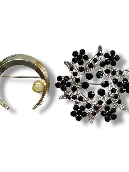 Vintage Lot of 2 Silvertone Brooches Black Beaded Faux Pearl 1.25-1.75"
