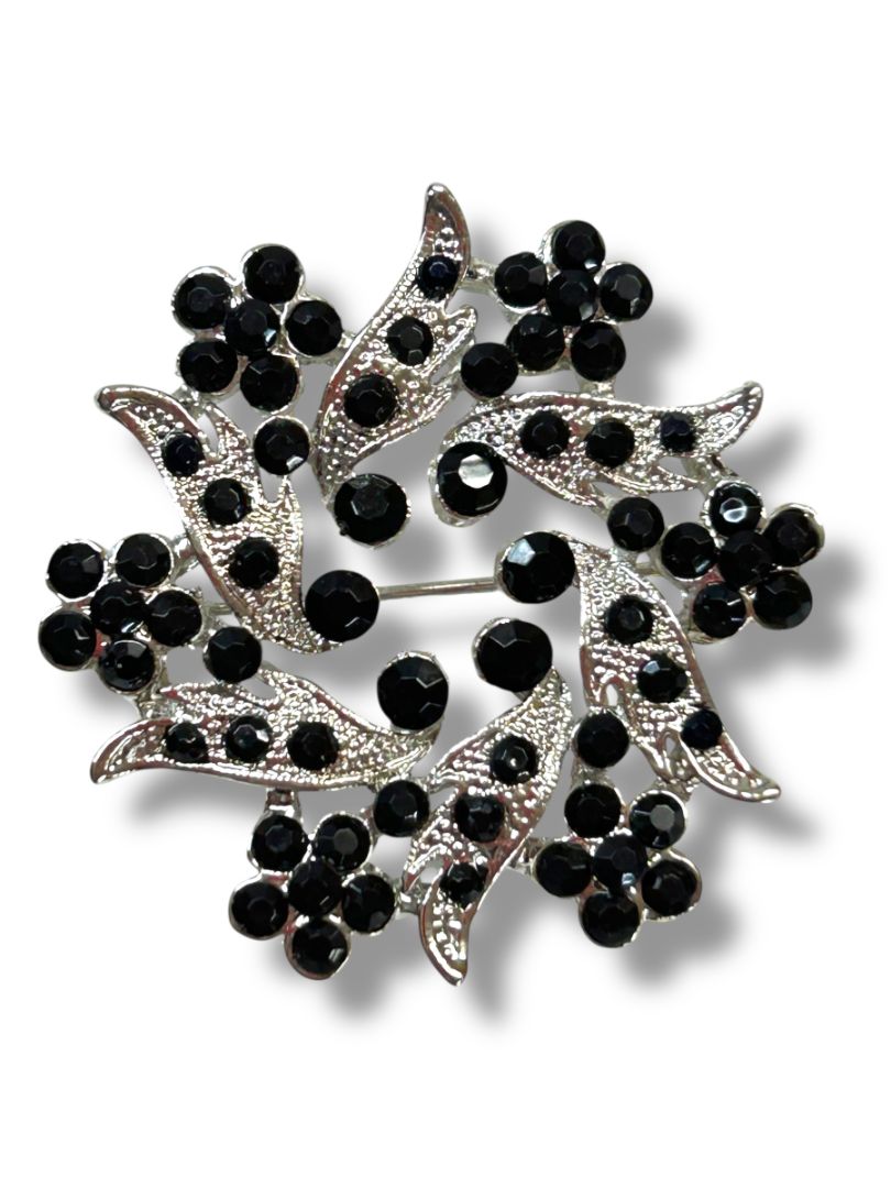 Vintage Lot of 2 Silvertone Brooches Black Beaded Faux Pearl 1.25-1.75"