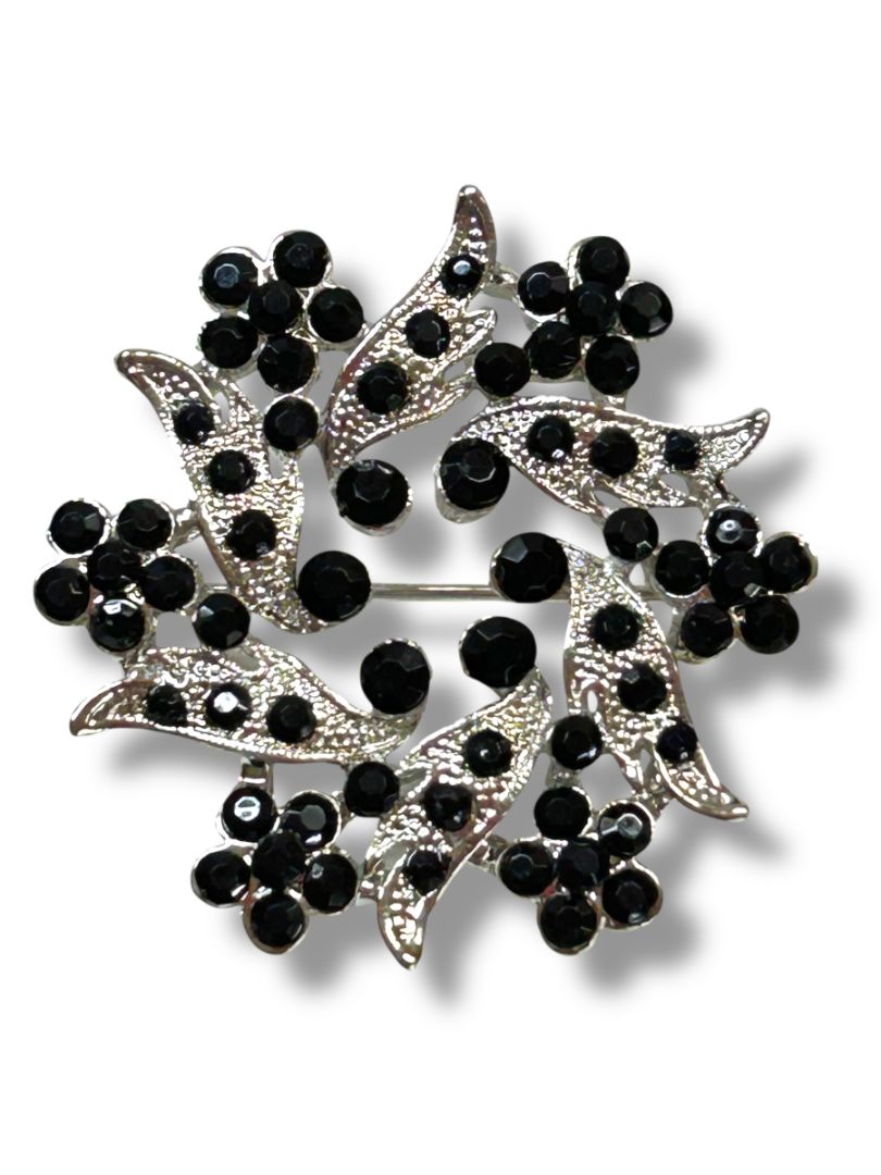 Vintage Lot of 2 Silvertone Brooches Black Beaded Faux Pearl 1.25-1.75"