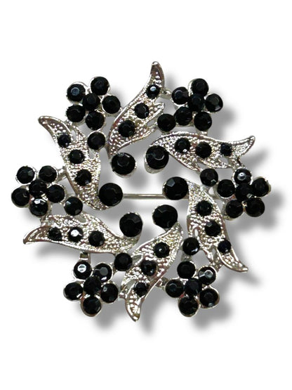 Vintage Lot of 2 Silvertone Brooches Black Beaded Faux Pearl 1.25-1.75"