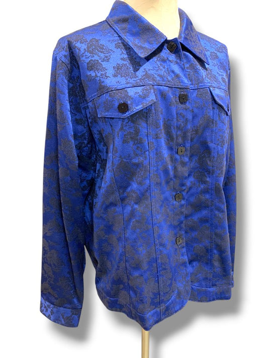 Size XL Susan Graver Womens Blue Black Satin Brocade Jacket