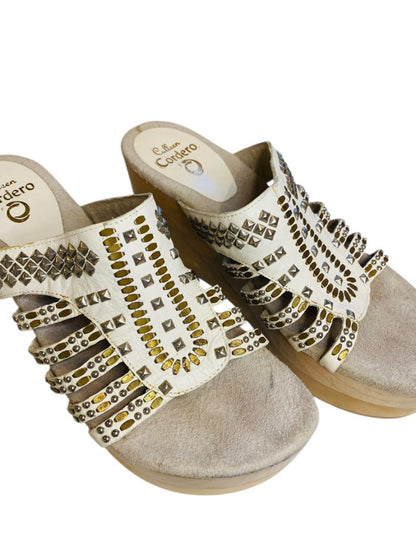 Size 9.5 Colleen Cordero Platform Wood Sandals Leather Studded Western Womens