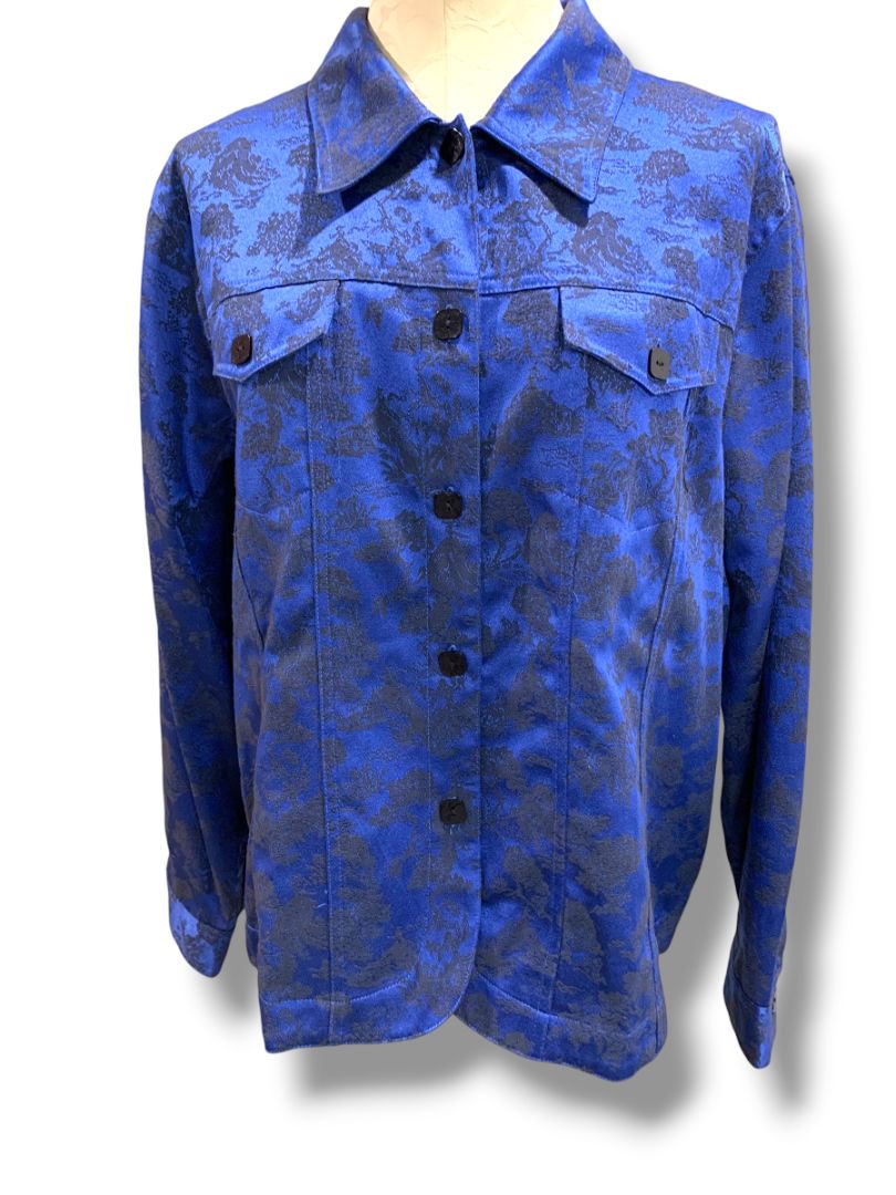 Size XL Susan Graver Womens Blue Black Satin Brocade Jacket