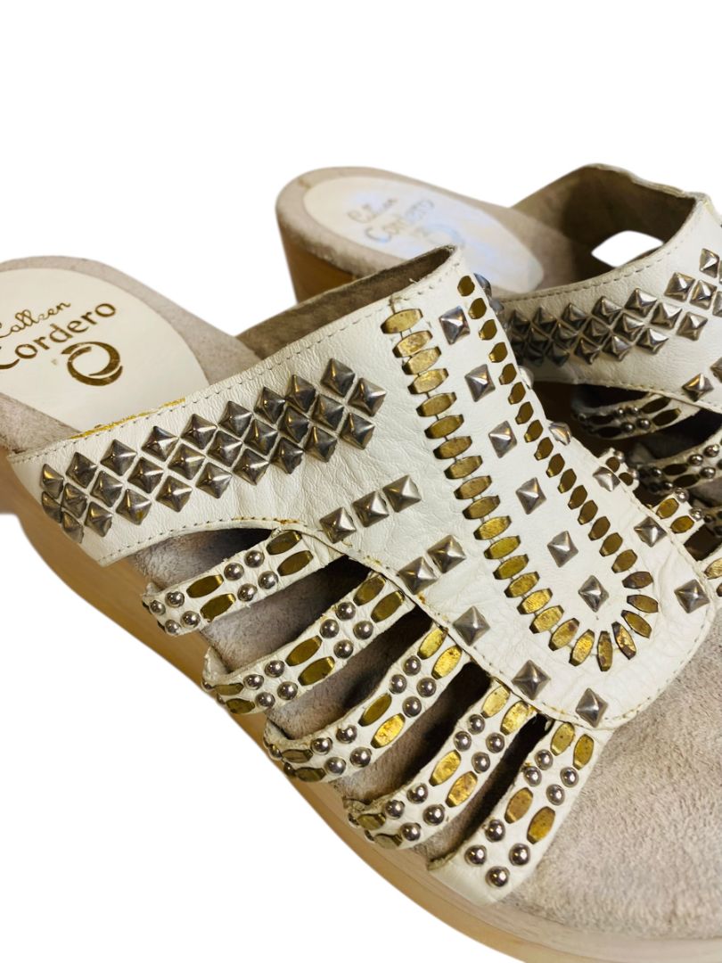Size 9.5 Colleen Cordero Platform Wood Sandals Leather Studded Western Womens