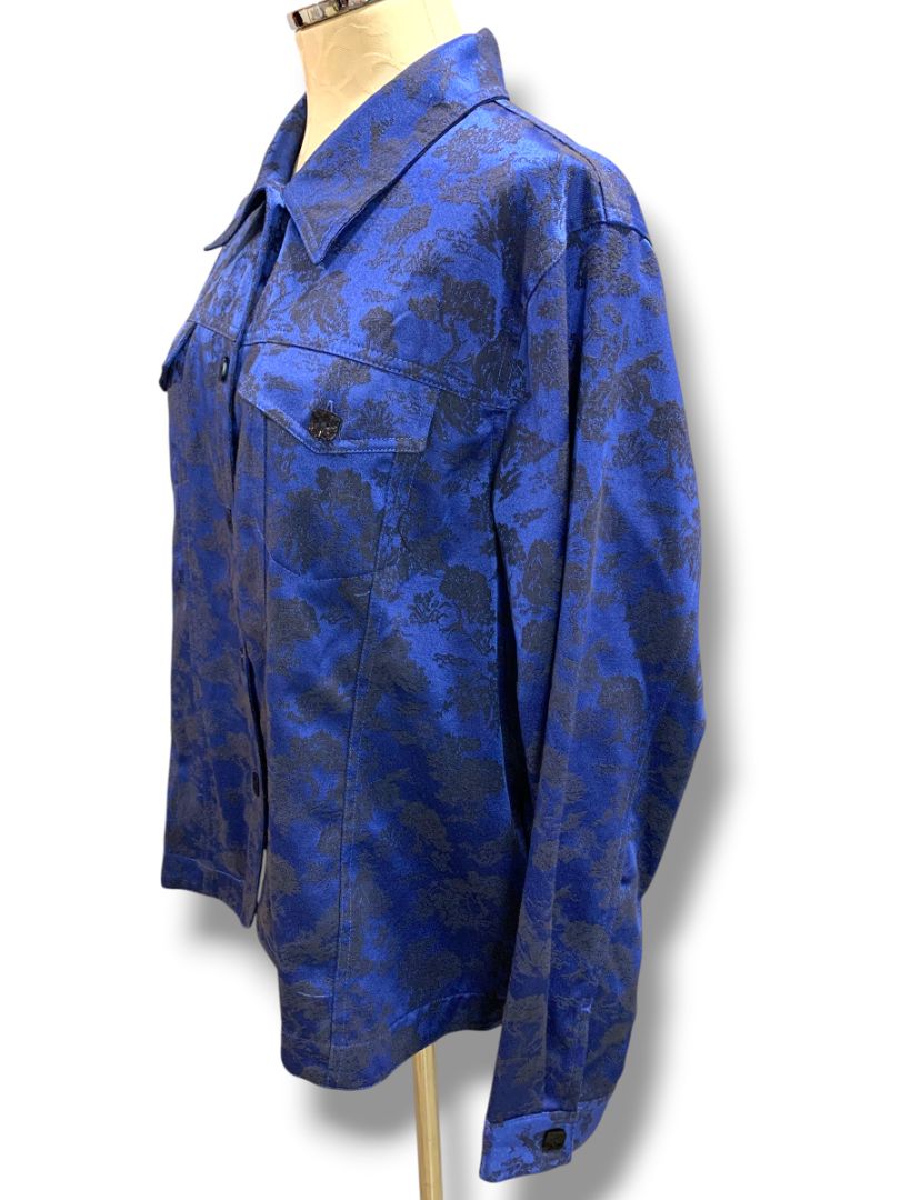 Size XL Susan Graver Womens Blue Black Satin Brocade Jacket