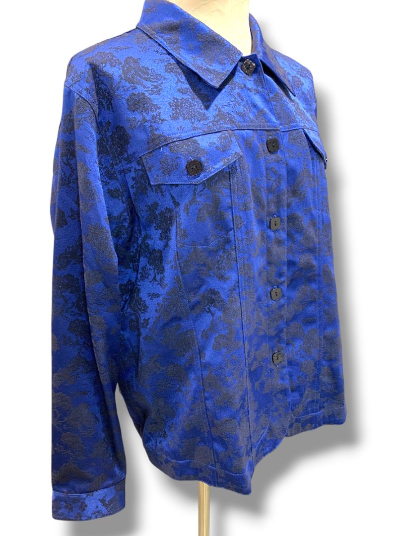 Size XL Susan Graver Womens Blue Black Satin Brocade Jacket