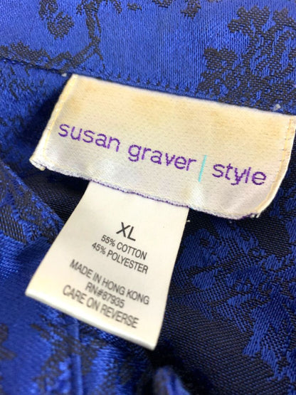 Size XL Susan Graver Womens Blue Black Satin Brocade Jacket