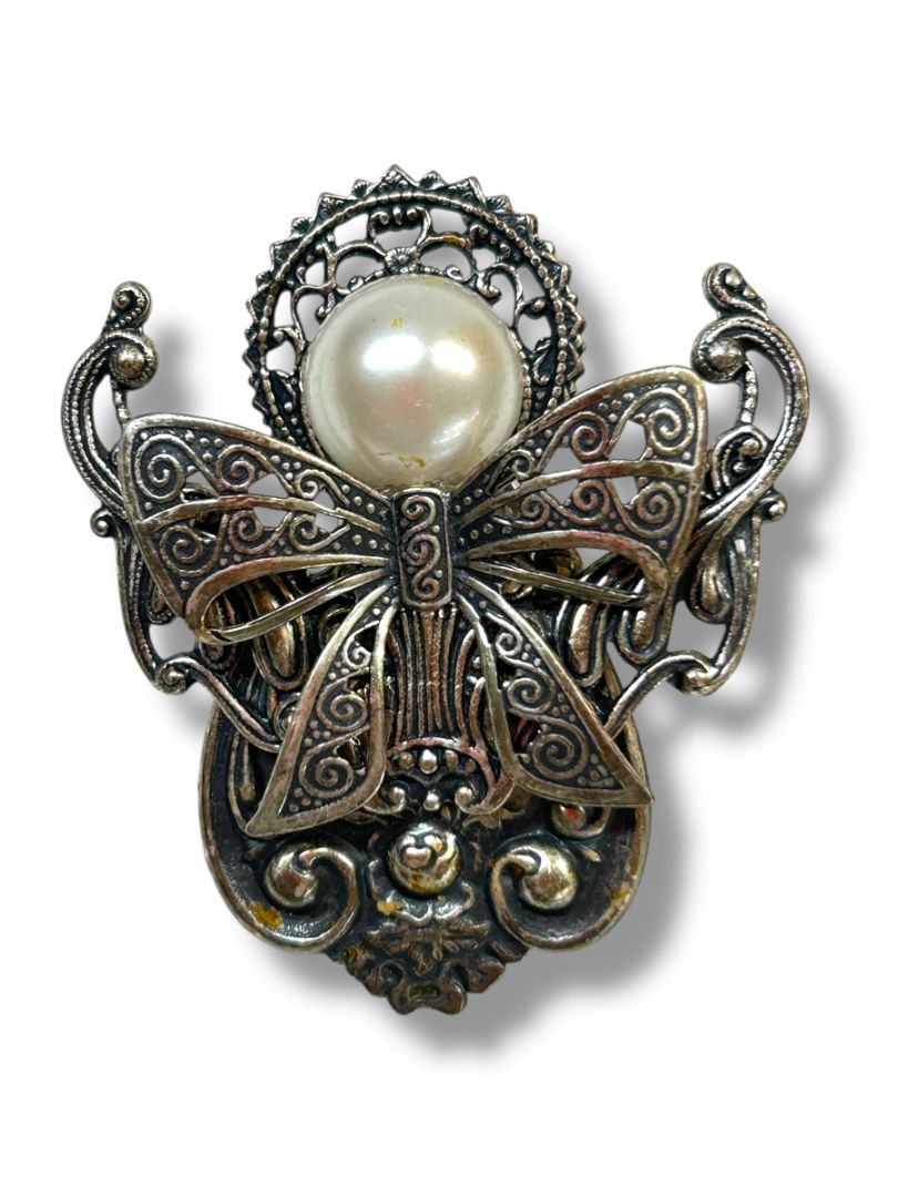 Silvertone Angel Lapel Pin Faux Pearl Ornate 2"