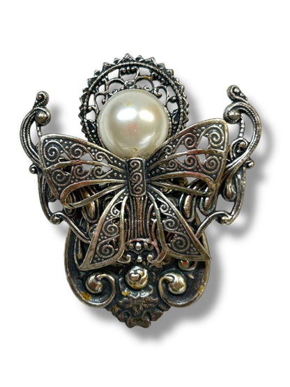 Silvertone Angel Lapel Pin Faux Pearl Ornate 2"