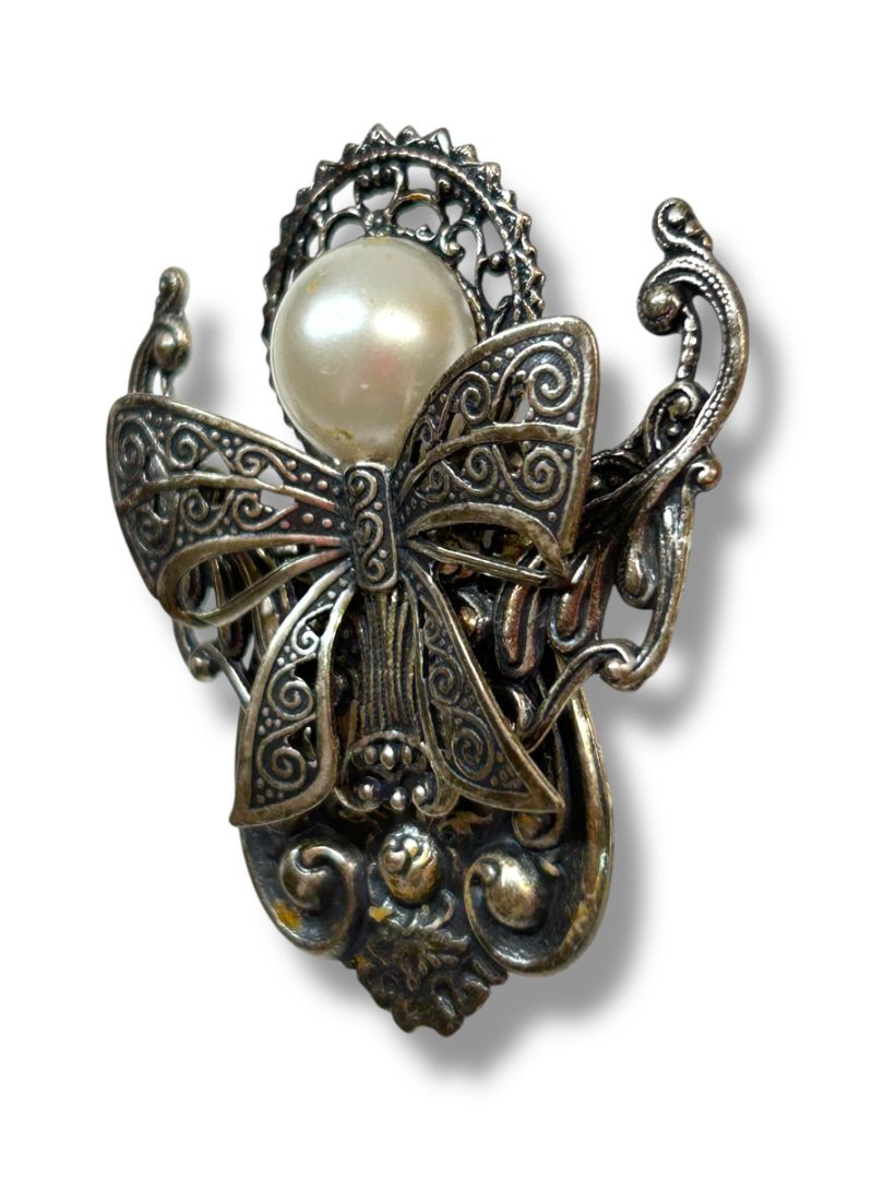 Silvertone Angel Lapel Pin Faux Pearl Ornate 2"