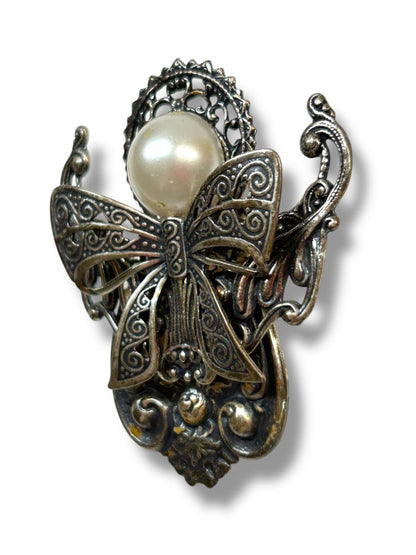 Silvertone Angel Lapel Pin Faux Pearl Ornate 2"
