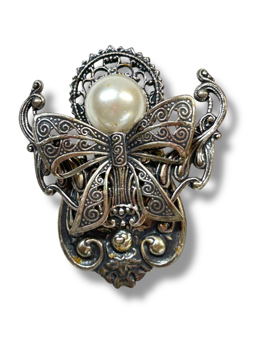 Silvertone Angel Lapel Pin Faux Pearl Ornate 2"