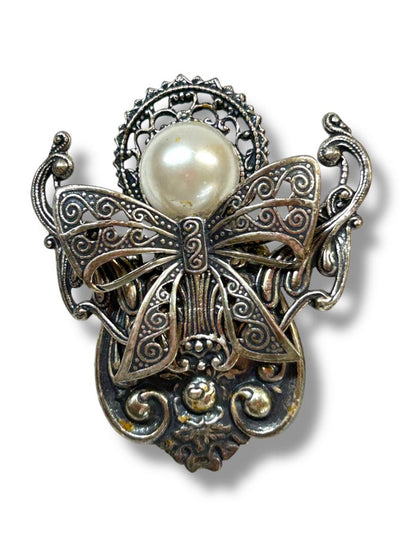 Silvertone Angel Lapel Pin Faux Pearl Ornate 2"