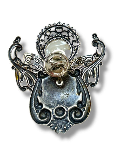 Silvertone Angel Lapel Pin Faux Pearl Ornate 2"