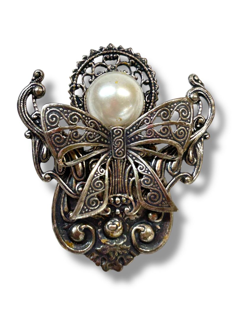 Silvertone Angel Lapel Pin Faux Pearl Ornate 2"