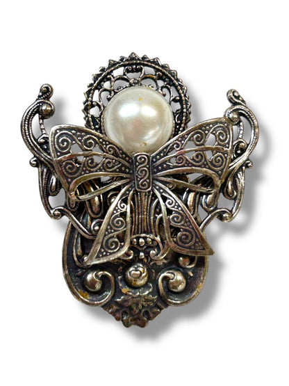 Silvertone Angel Lapel Pin Faux Pearl Ornate 2"