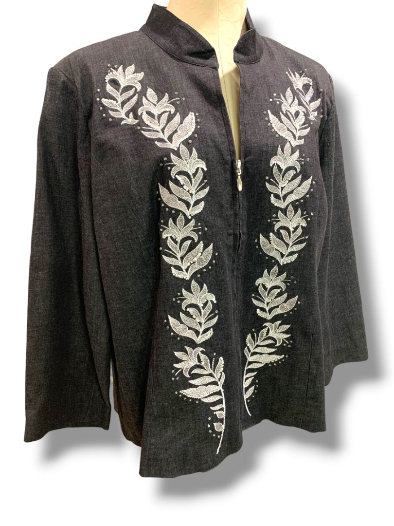 Size XL Susan Graver Black Full Zip Womens Denim Embroidered Jacket