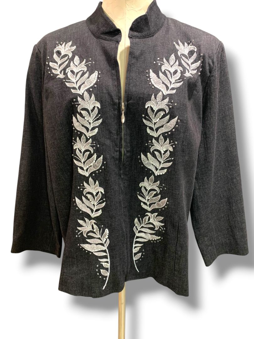 Size XL Susan Graver Black Full Zip Womens Denim Embroidered Jacket