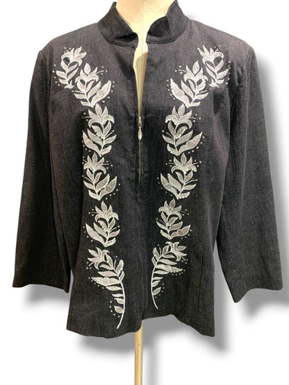 Size XL Susan Graver Black Full Zip Womens Denim Embroidered Jacket