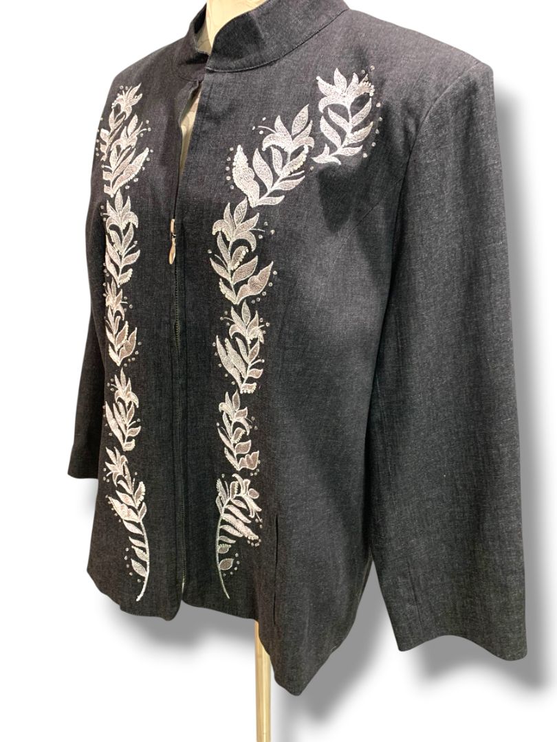 Size XL Susan Graver Black Full Zip Womens Denim Embroidered Jacket