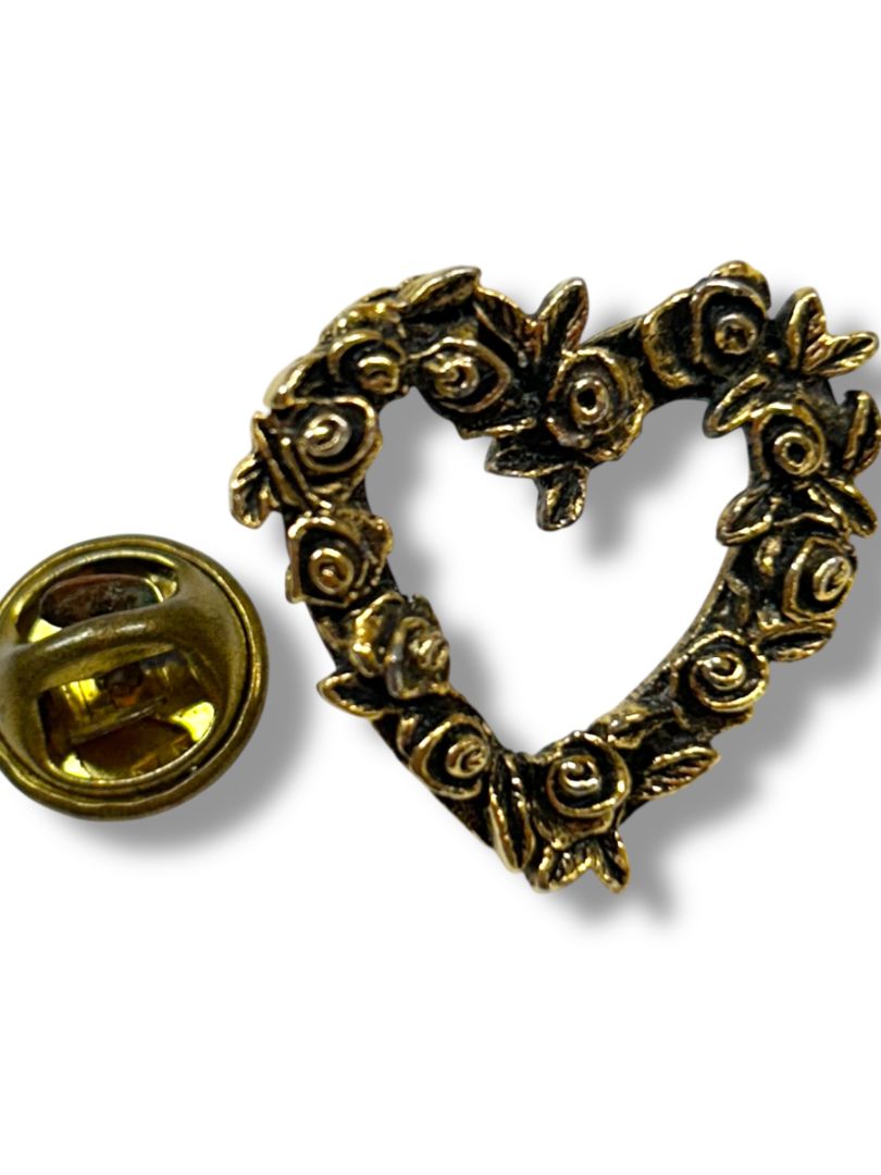 Signed CTA Open Heart and Roses Lapel Pin .8" Goldtone