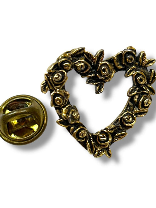 Signed CTA Open Heart and Roses Lapel Pin .8" Goldtone