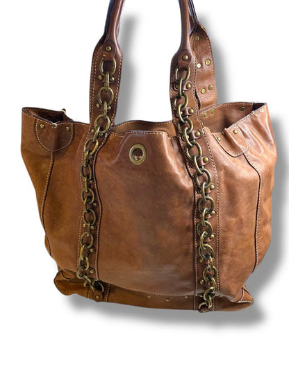 J.Crew Brown Leather Tote Handbag Chain Detail Boho Retro Style