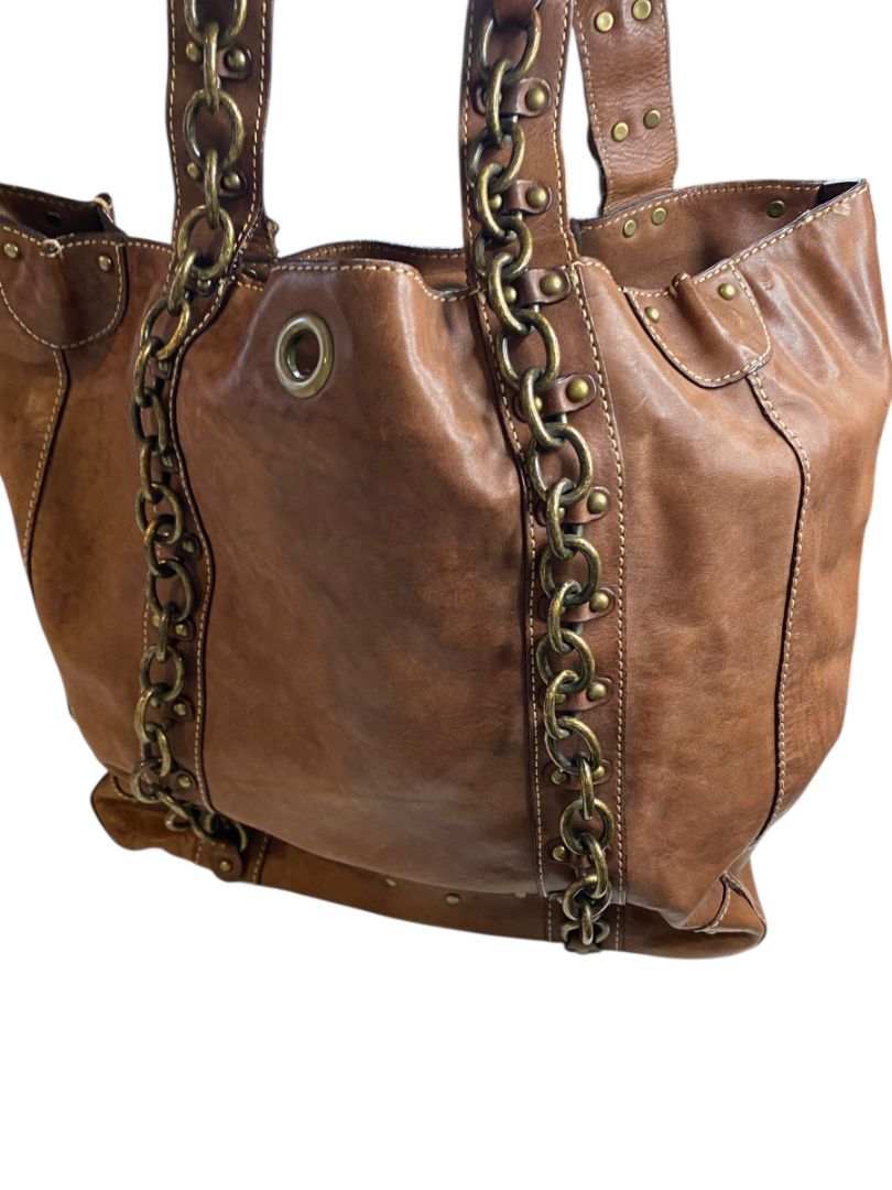 J.Crew Brown Leather Tote Handbag Chain Detail Boho Retro Style