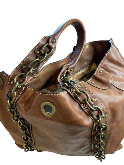 J.Crew Brown Leather Tote Handbag Chain Detail Boho Retro Style
