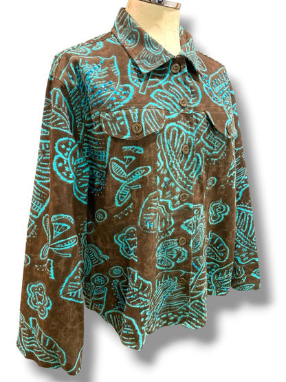 Size 1X Gaudy Couture Womens Brown Turquoise Embellished Jacket Cotton
