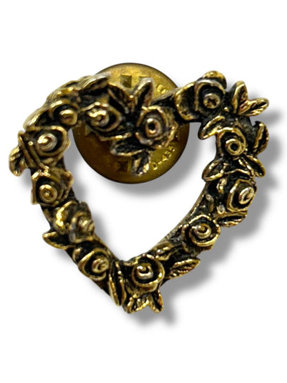 Signed CTA Open Heart and Roses Lapel Pin .8" Goldtone