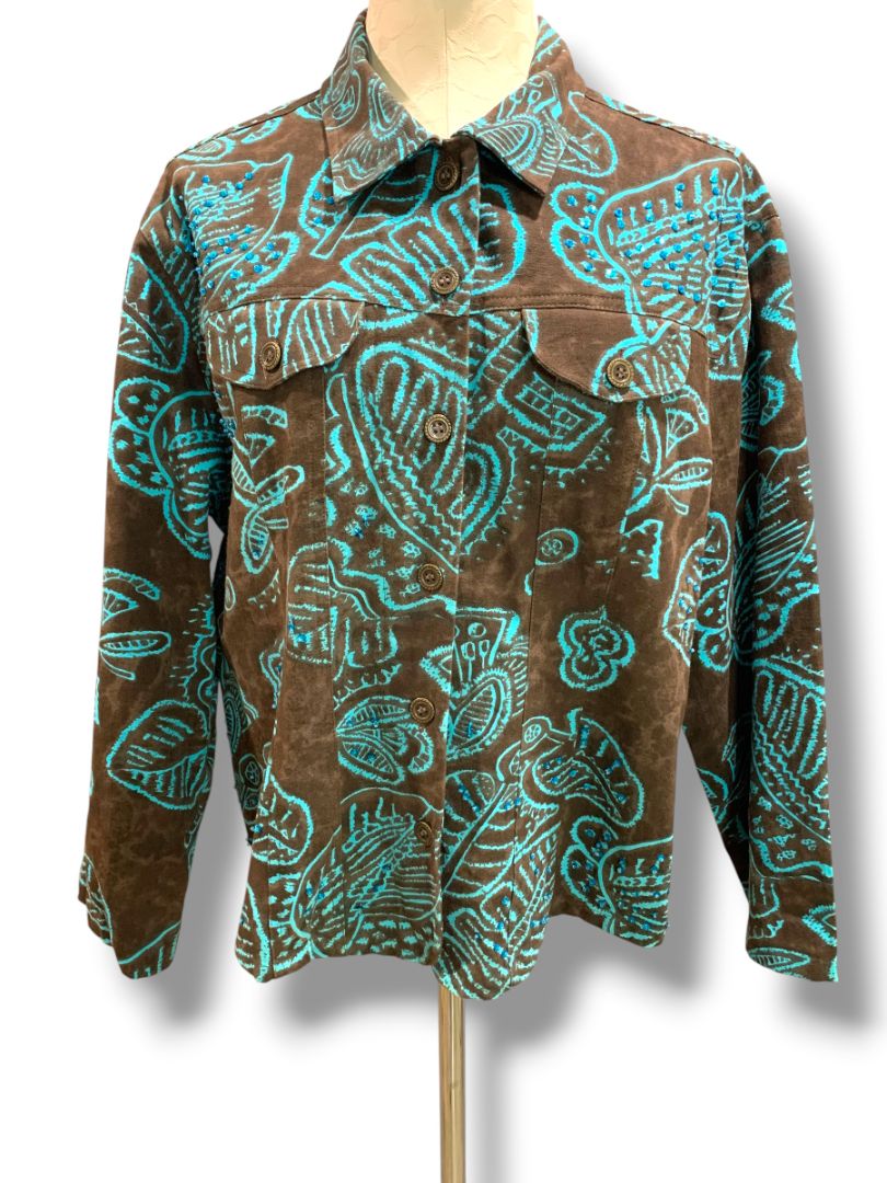 Size 1X Gaudy Couture Womens Brown Turquoise Embellished Jacket Cotton