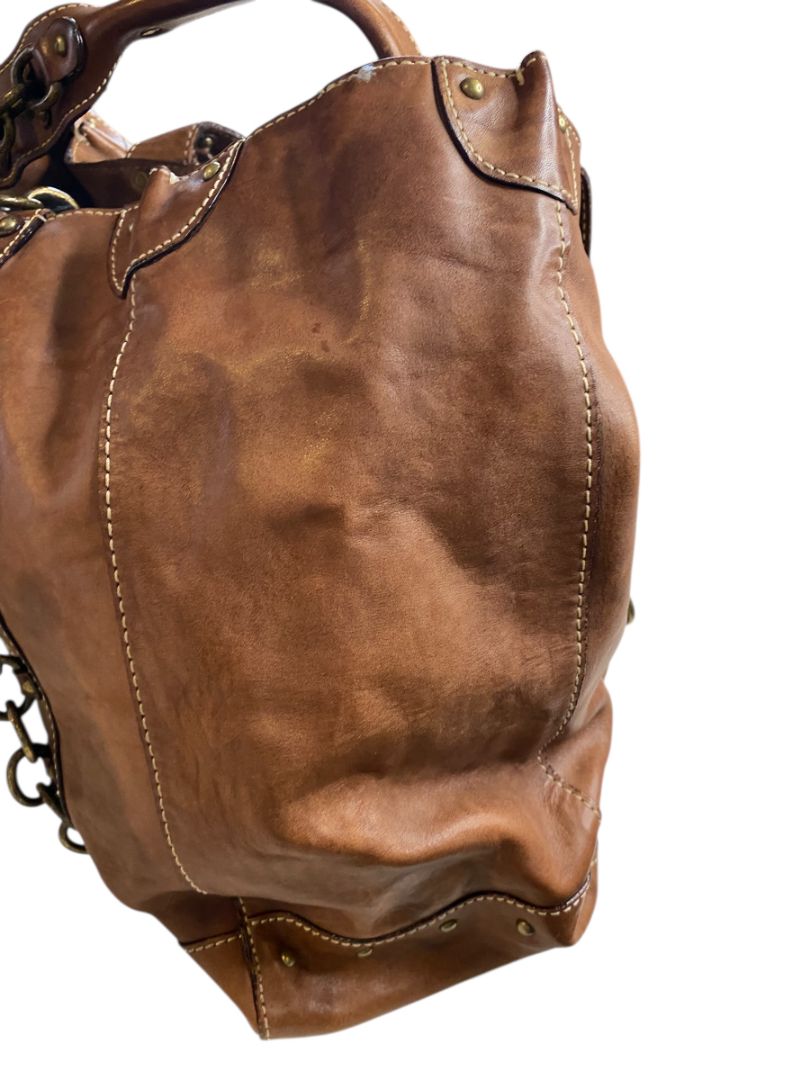 J.Crew Brown Leather Tote Handbag Chain Detail Boho Retro Style
