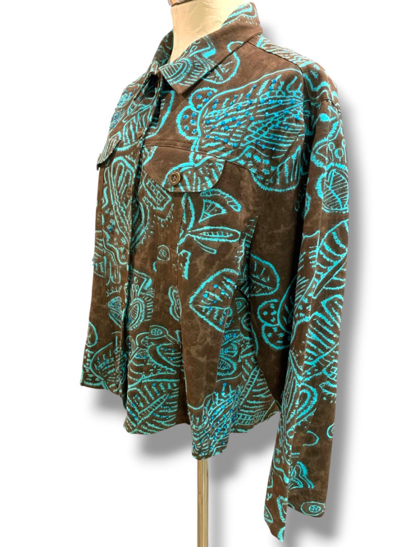 Size 1X Gaudy Couture Womens Brown Turquoise Embellished Jacket Cotton