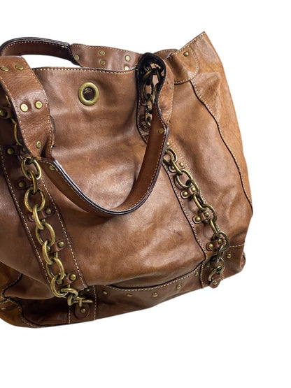 J.Crew Brown Leather Tote Handbag Chain Detail Boho Retro Style