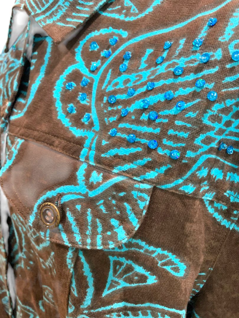 Size 1X Gaudy Couture Womens Brown Turquoise Embellished Jacket Cotton